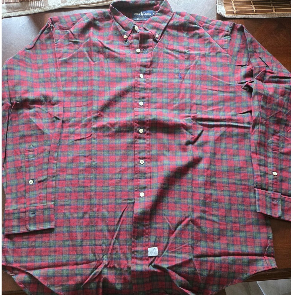 Ralph Lauren‎ Mens Plaid Button Down Shirt Large Red Green Cotton Made in USA
